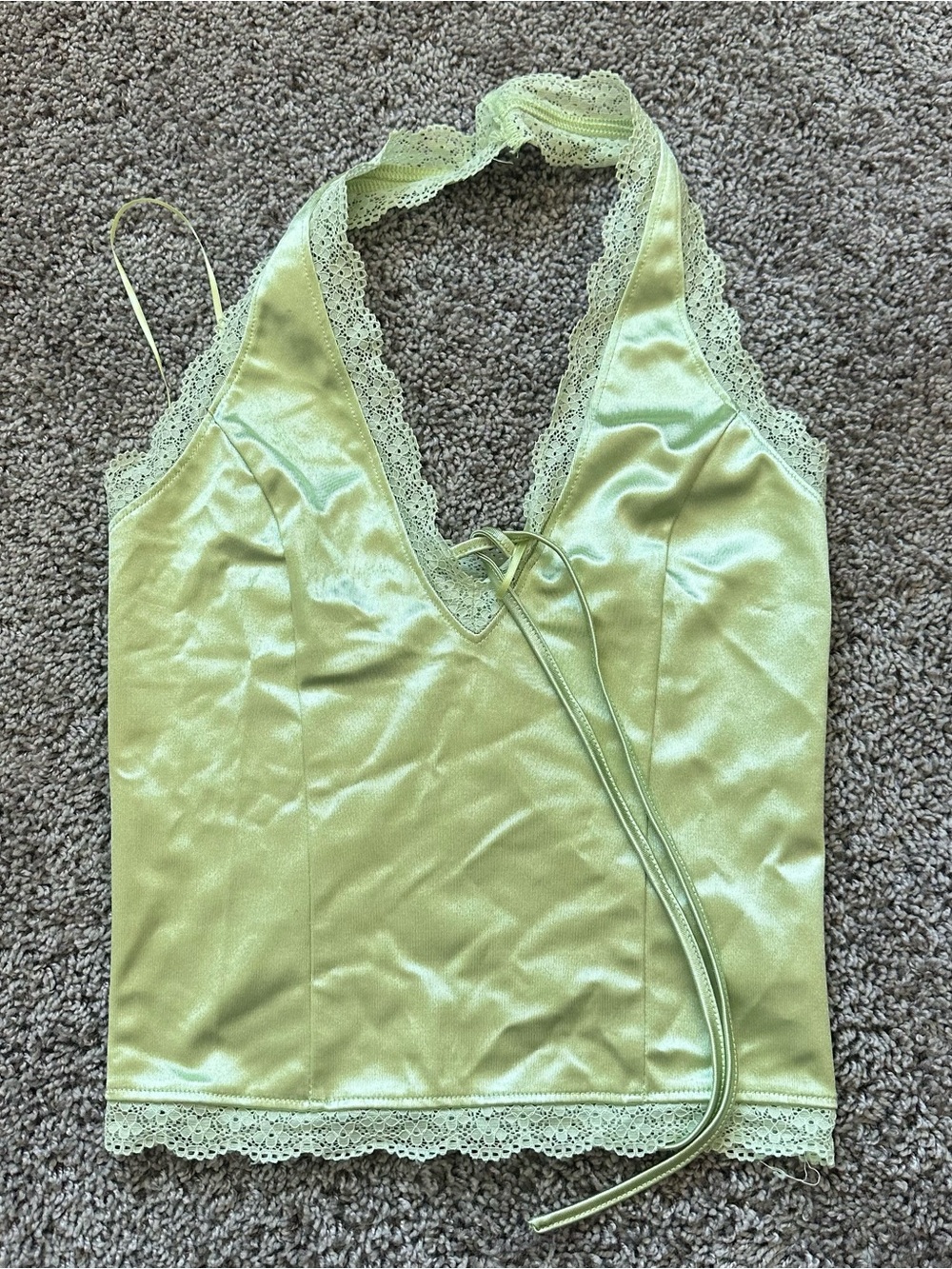 Satin Lace-Trim Halter Camisole in Light Green